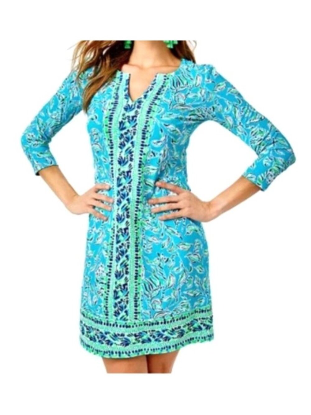 Lilly Pulitzer Women's Sz Large Karina Chillylilly Tunic Dress  Floral 3/4 Sleev